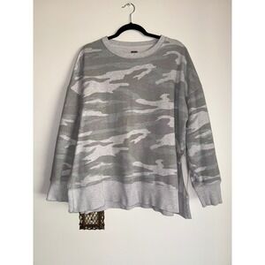 Aerie Oversized Camo Sweatshirt Gray Green Crewneck Side Slit Pullover Large